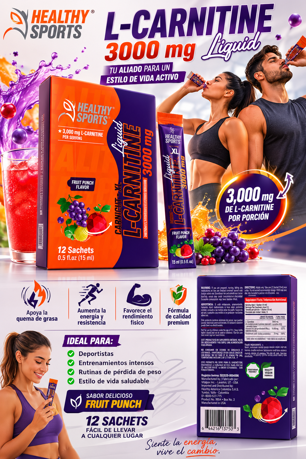 L-Carnitina Healthy Sports 3000 mg | 12 Sachets | Quema Grasa y Rendimiento