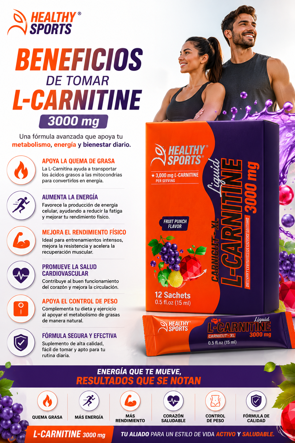 L-Carnitina Healthy Sports 3000 mg | 12 Sachets | Quema Grasa y Rendimiento