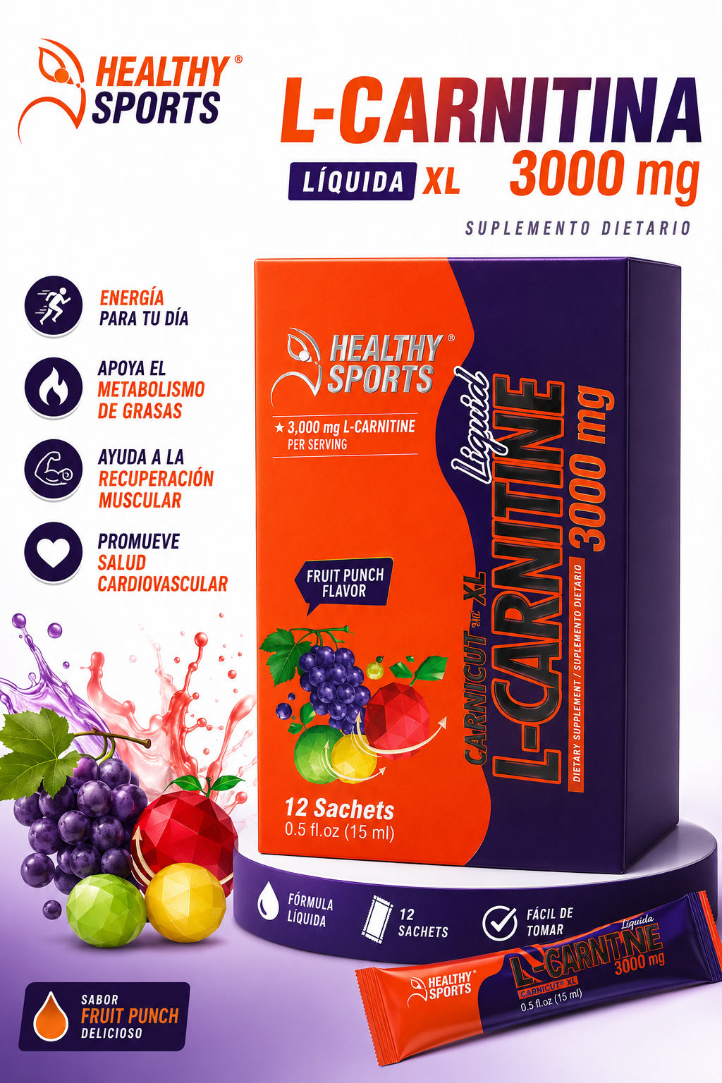L-Carnitina Healthy Sports 3000 mg | 12 Sachets | Quema Grasa y Rendimiento