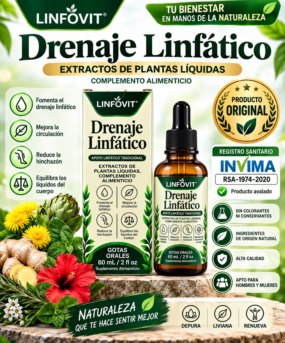 Drenaje Linfático Líquido Linfovit para Eliminación de Líquidos
