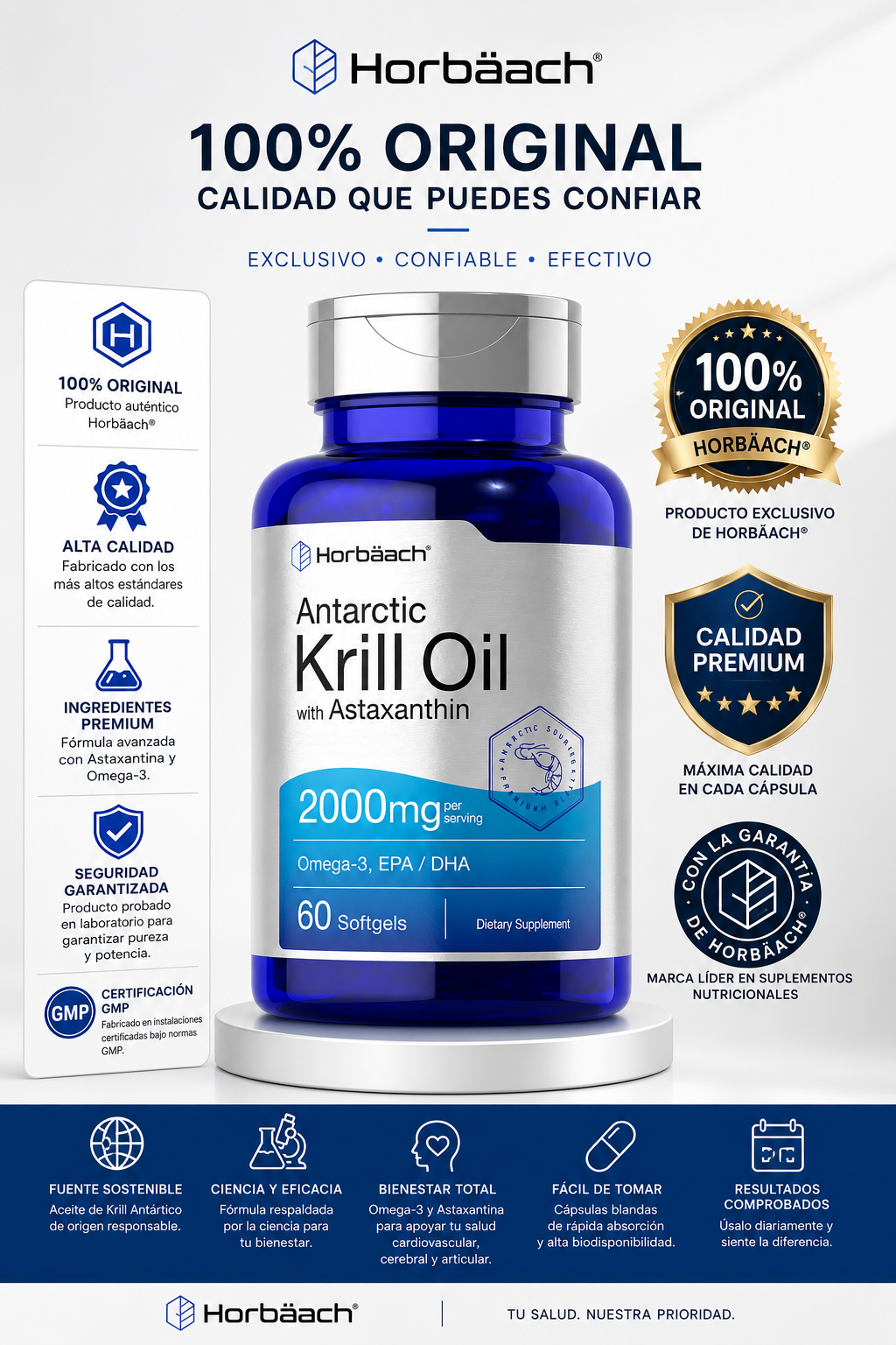Aceite de Krill Antártico Horbaach 2000 mg | Omega 3 EPA DHA + Astaxantina | 60 Softgels