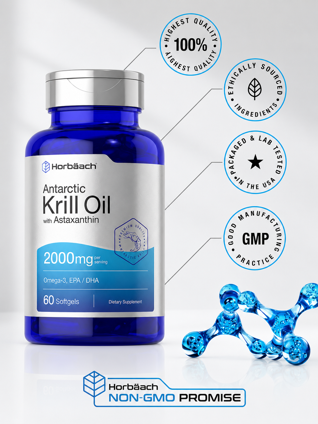 Aceite de Krill Antártico Horbaach 2000 mg | Omega 3 EPA DHA + Astaxantina | 60 Softgels
