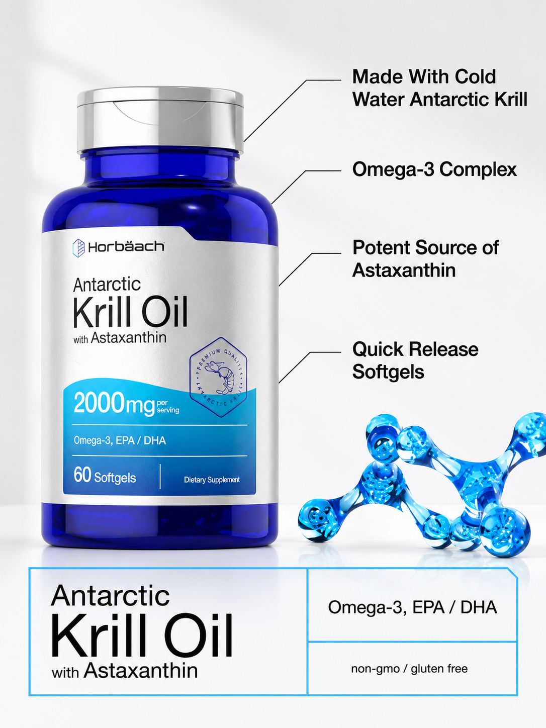 Aceite de Krill Antártico Horbaach 2000 mg | Omega 3 EPA DHA + Astaxantina | 60 Softgels