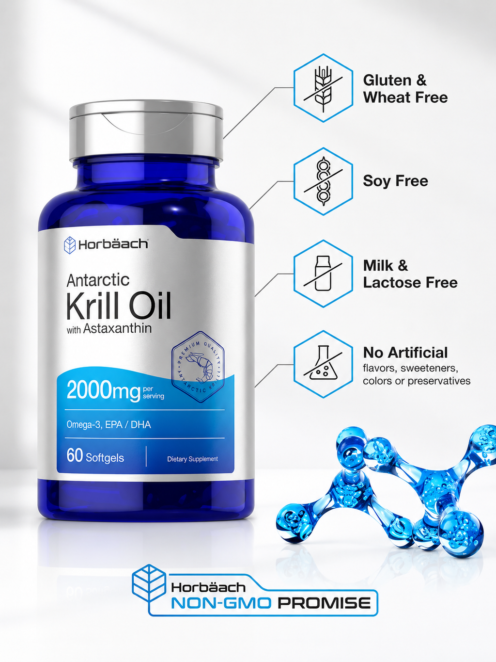 Aceite de Krill Antártico Horbaach 2000 mg | Omega 3 EPA DHA + Astaxantina | 60 Softgels