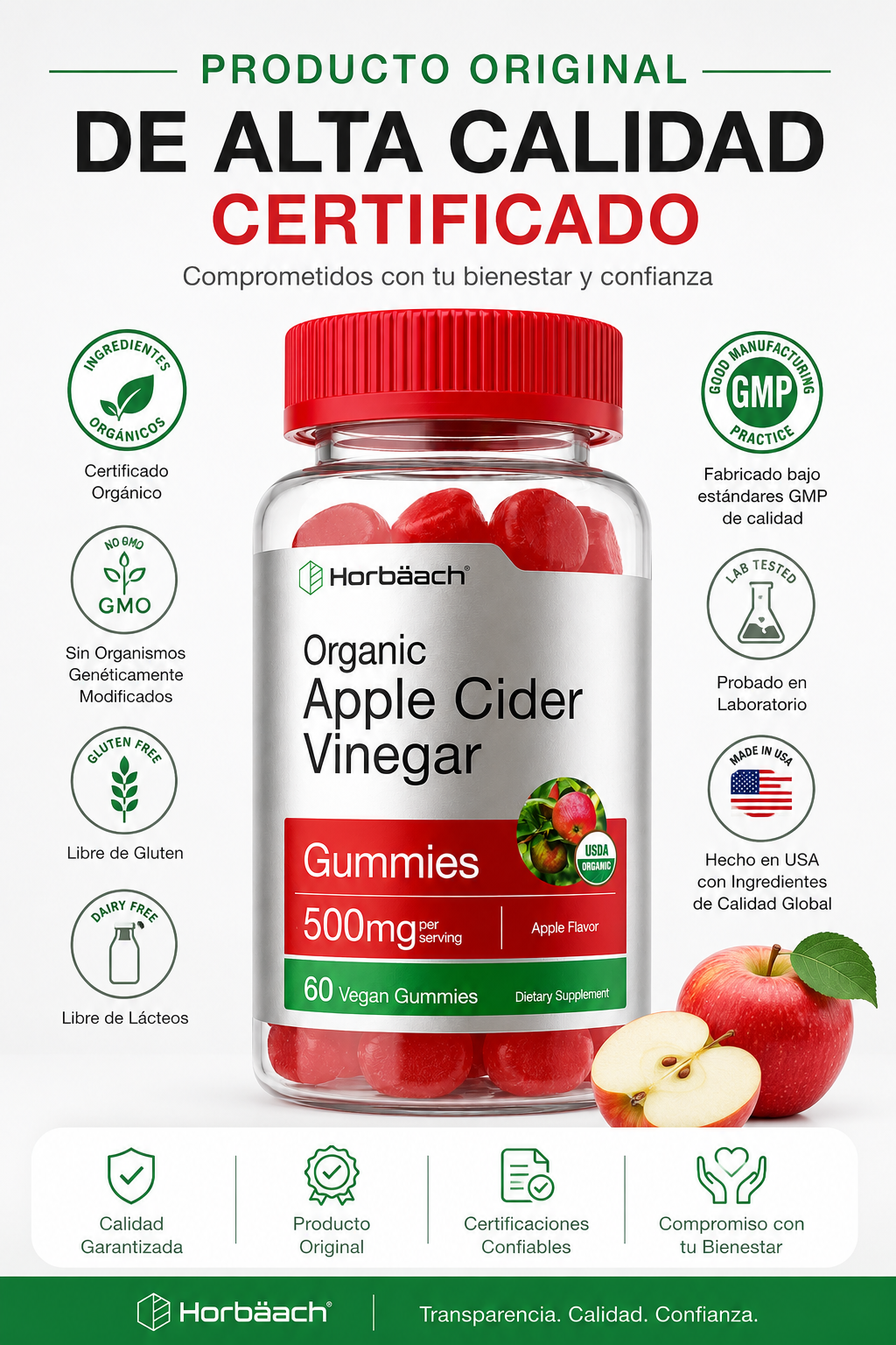 Gomitas de Vinagre de Manzana Horbaach 500 mg | Apple Cider Vinegar | 60 Gomitas