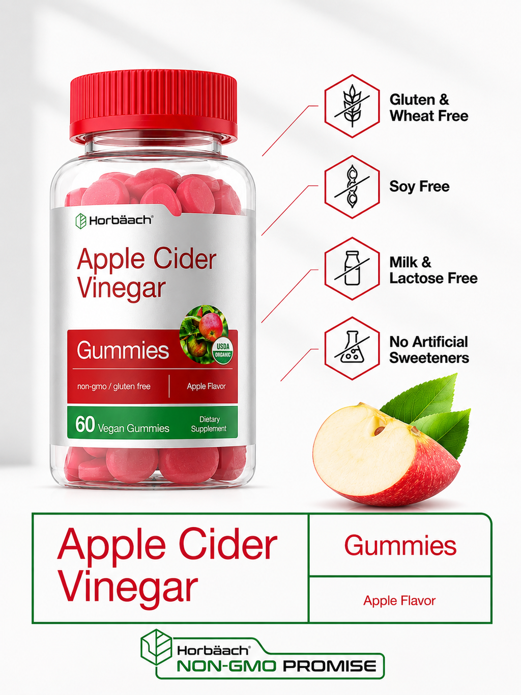 Gomitas de Vinagre de Manzana Horbaach 500 mg | Apple Cider Vinegar | 60 Gomitas