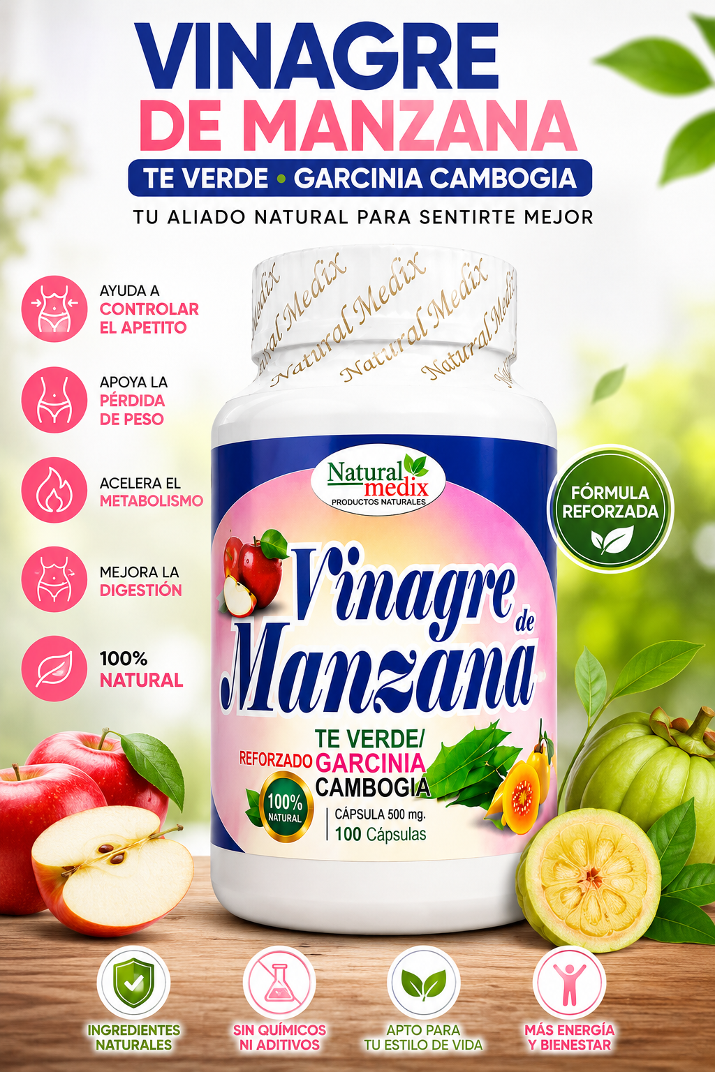 Vinagre de Manzana 500 mg 100 Cápsulas – Suplemento Natural