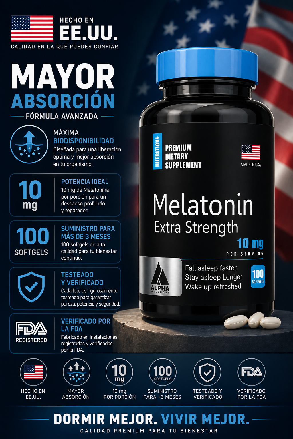 Melatonina 10 mg 100 Softgels – Suplemento para el Sueño