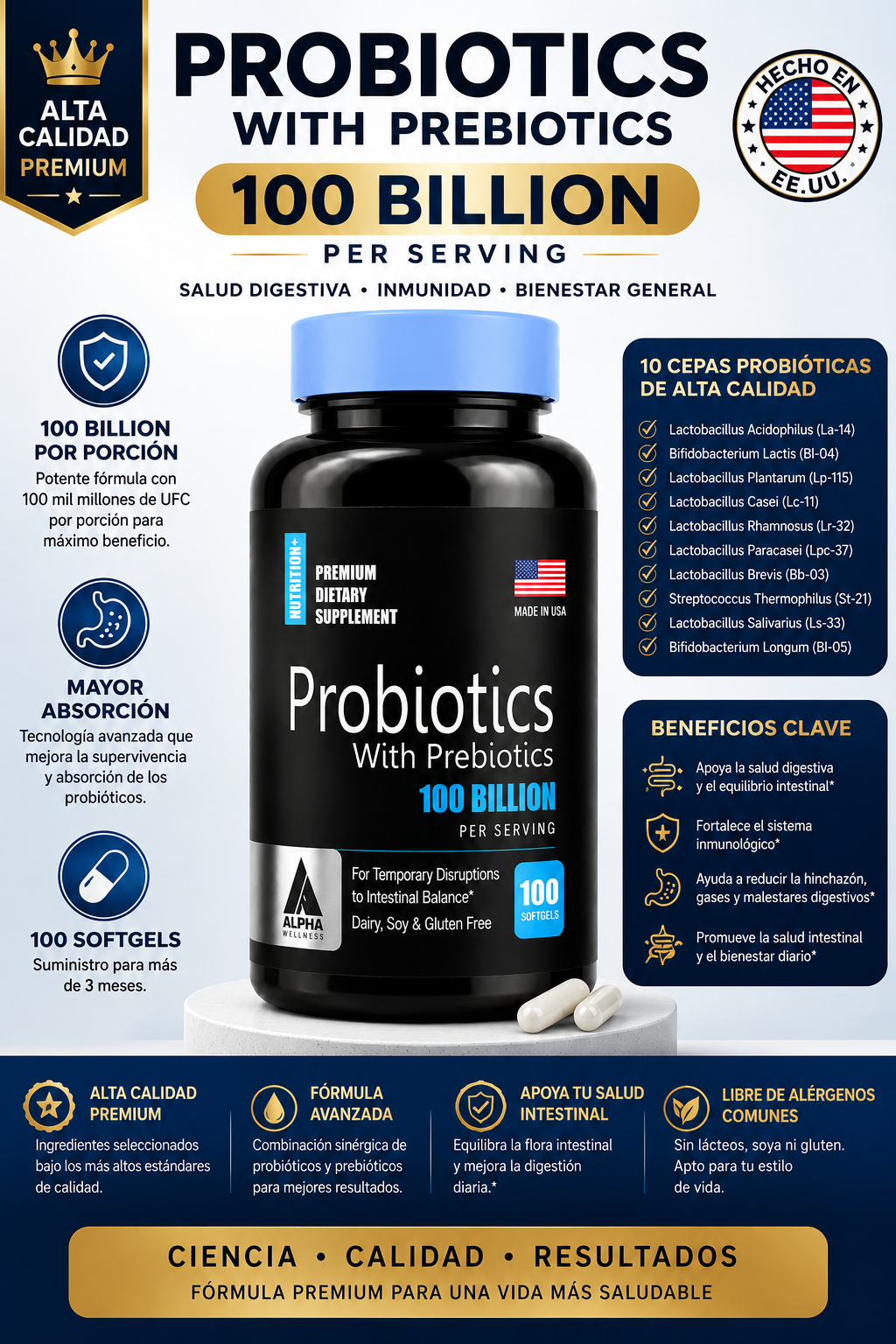 Probióticos con Prebióticos 100 Billones UFC – 100 Softgels