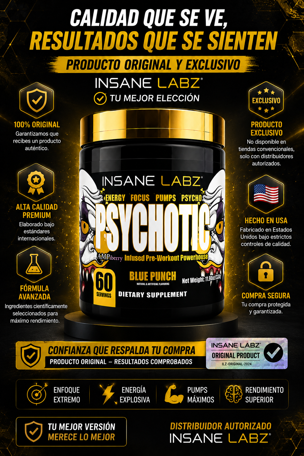 Psychotic Pre Workout Blue Punch 60 Servicios | Insane Labz