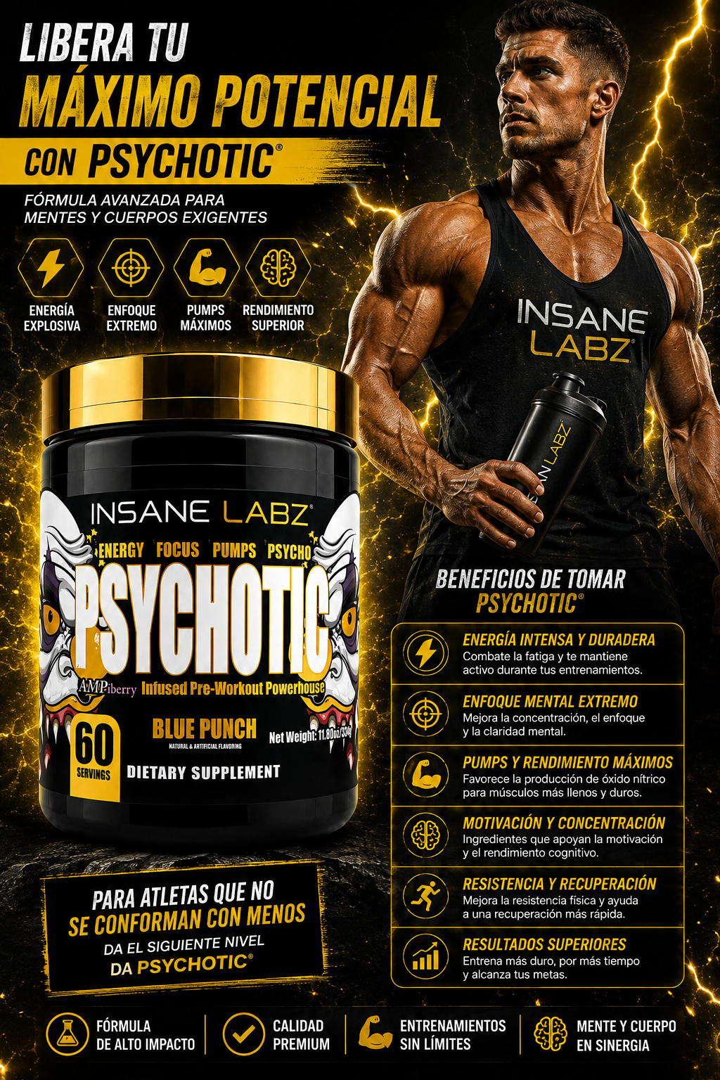 Psychotic Pre Workout Blue Punch 60 Servicios | Insane Labz