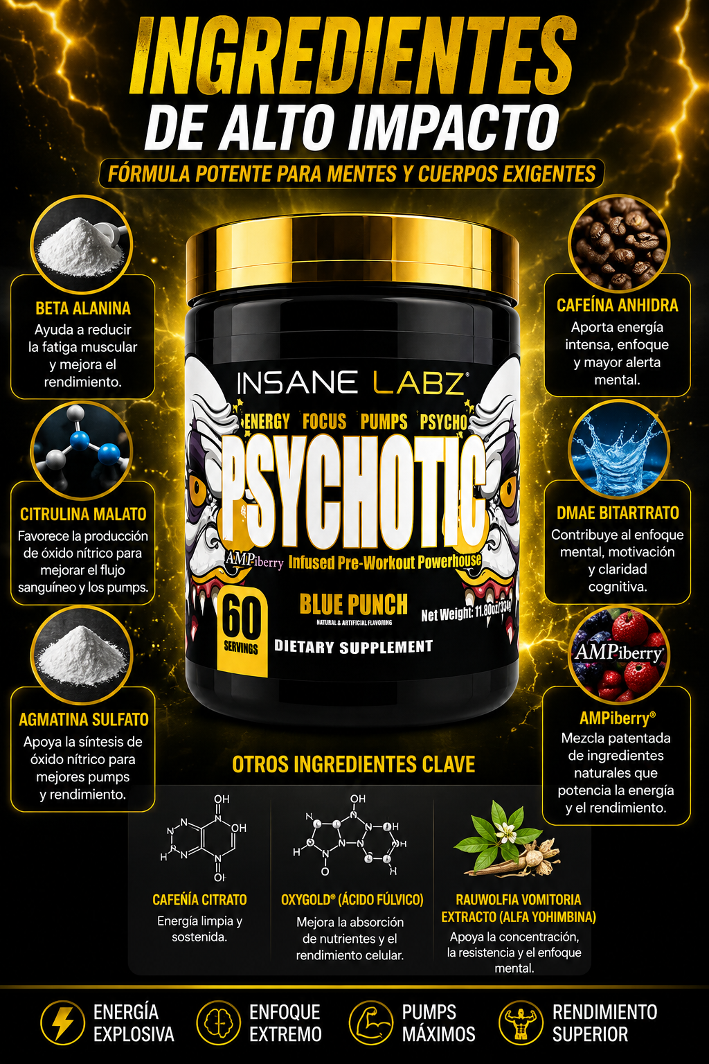 Psychotic Pre Workout Blue Punch 60 Servicios | Insane Labz