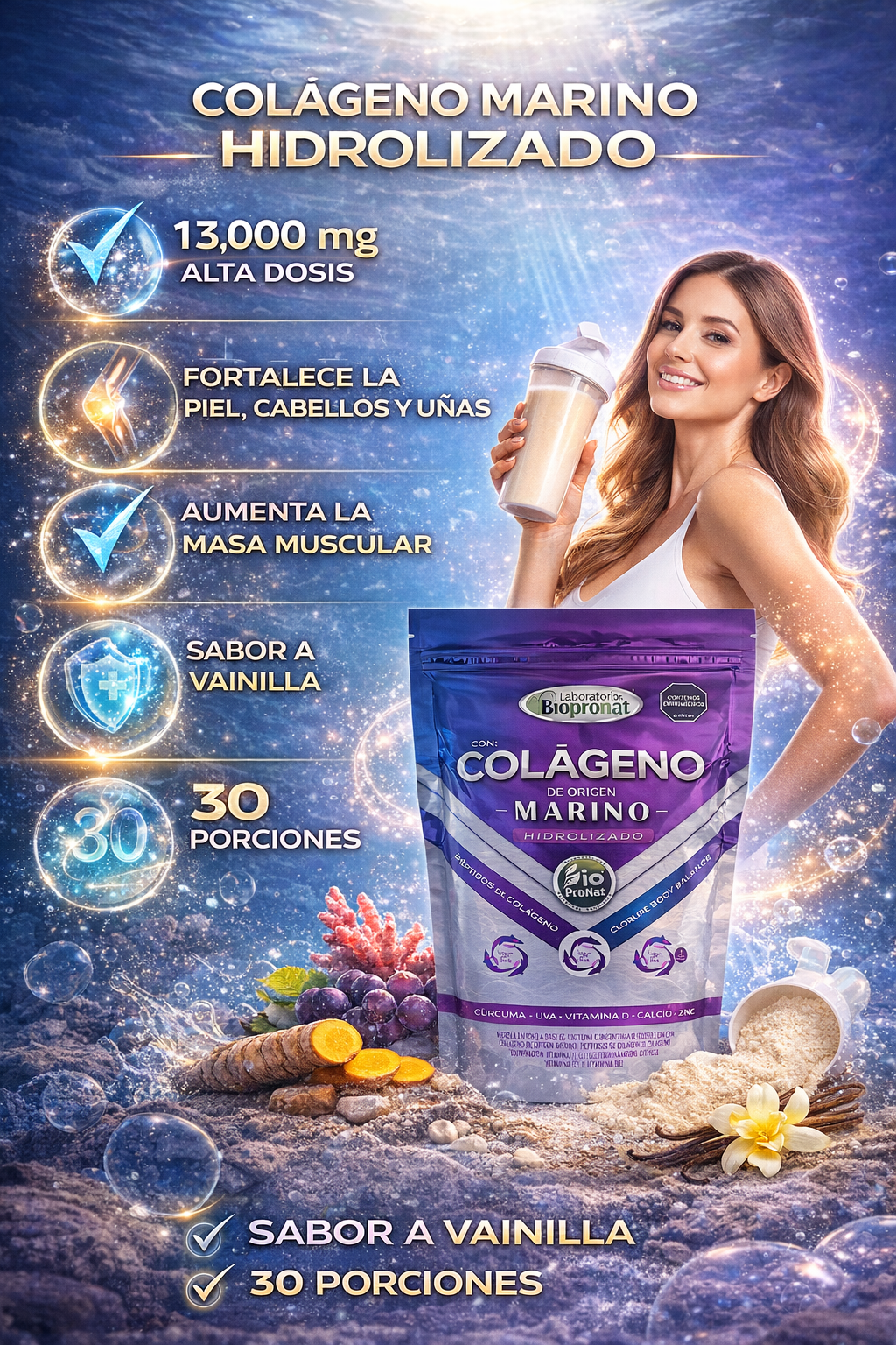 Colágeno Marino Hidrolizado 13000 mg — Piel Firme, Cabello Fuerte y Articulaciones Sin Dolor