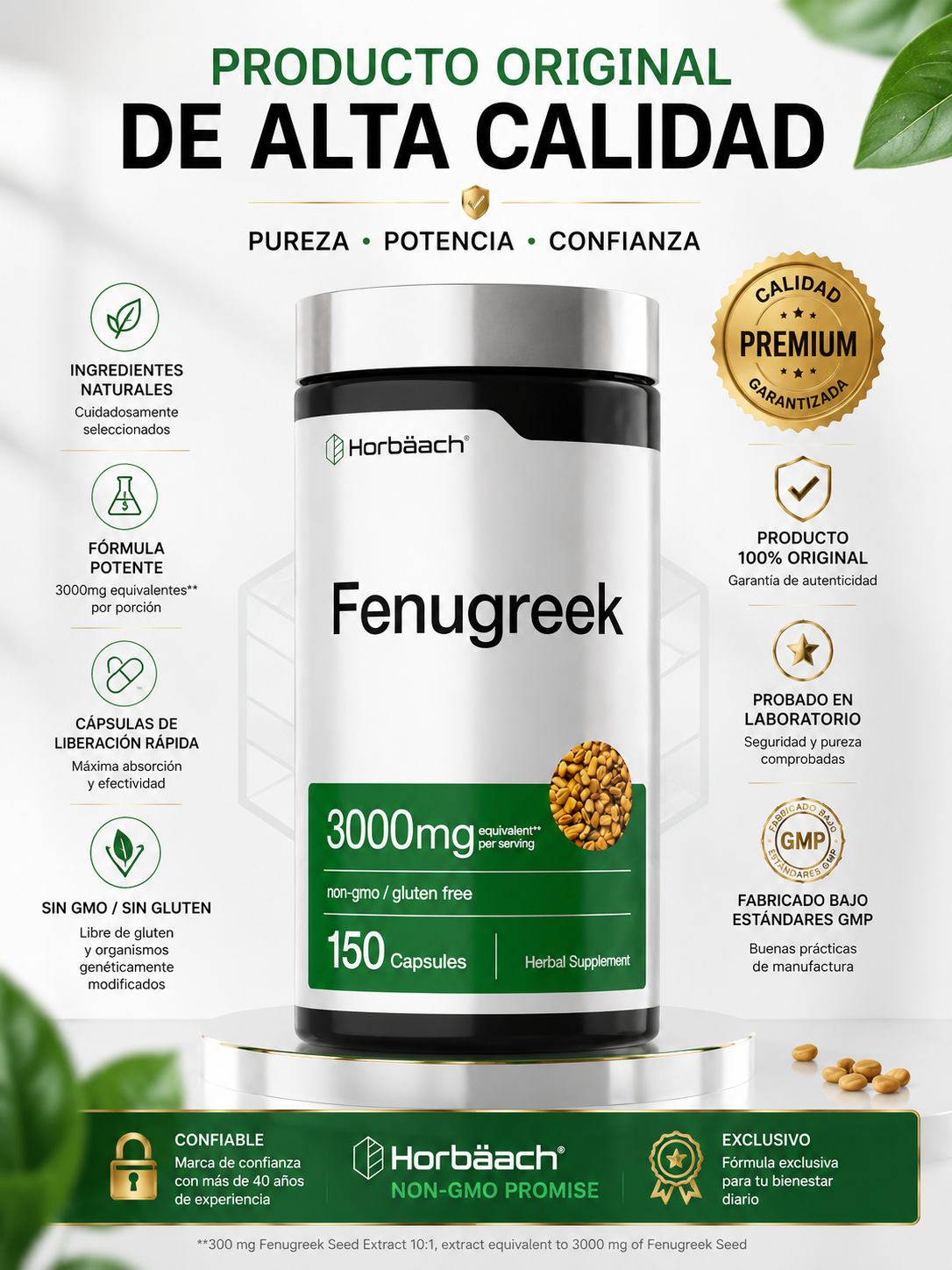 Fenogreco Horbäach 3000mg | 150 Cápsulas | Aumento de Glúteos y Busto