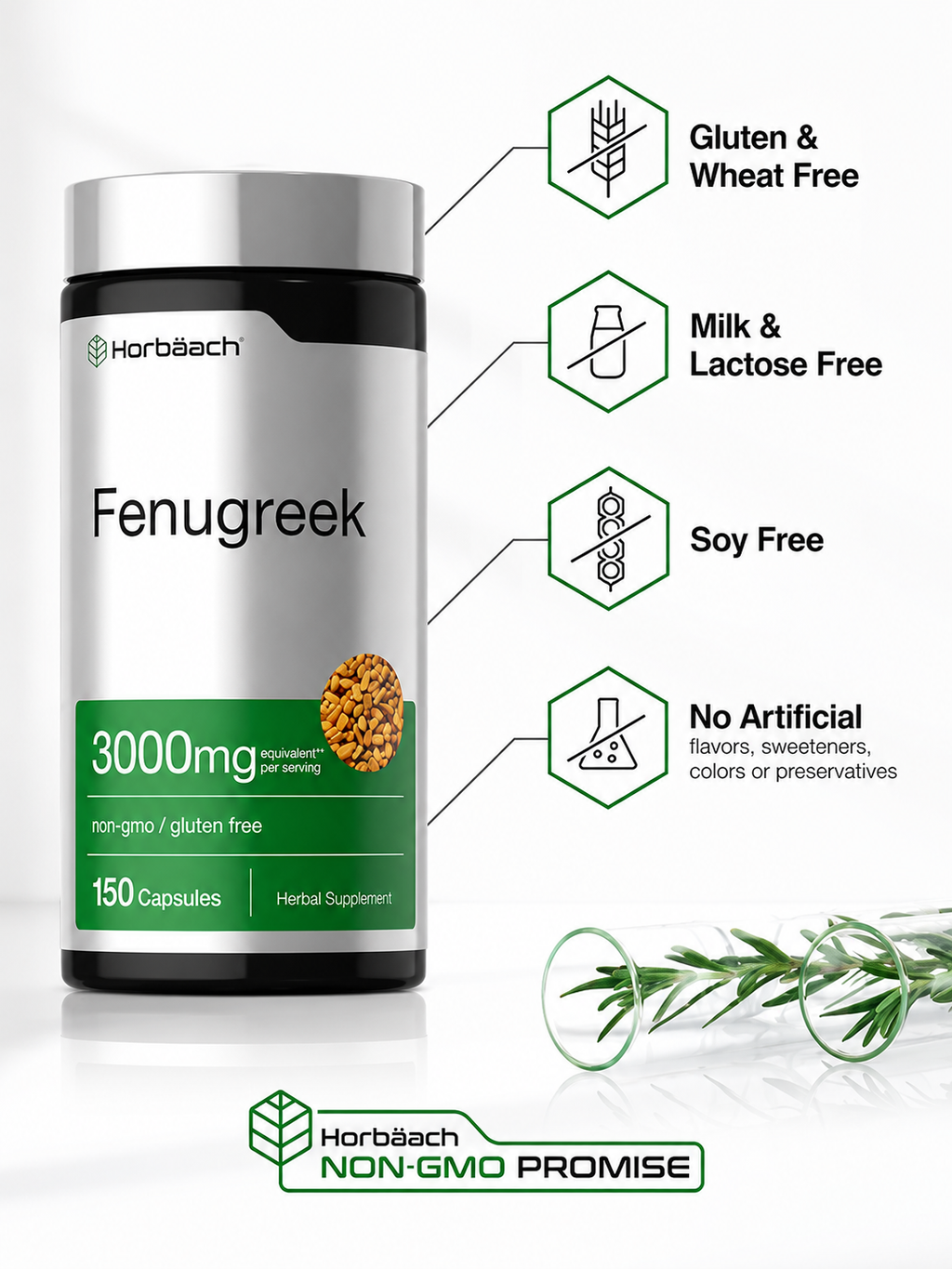 Fenogreco Horbäach 3000mg | 150 Cápsulas | Aumento de Glúteos y Busto