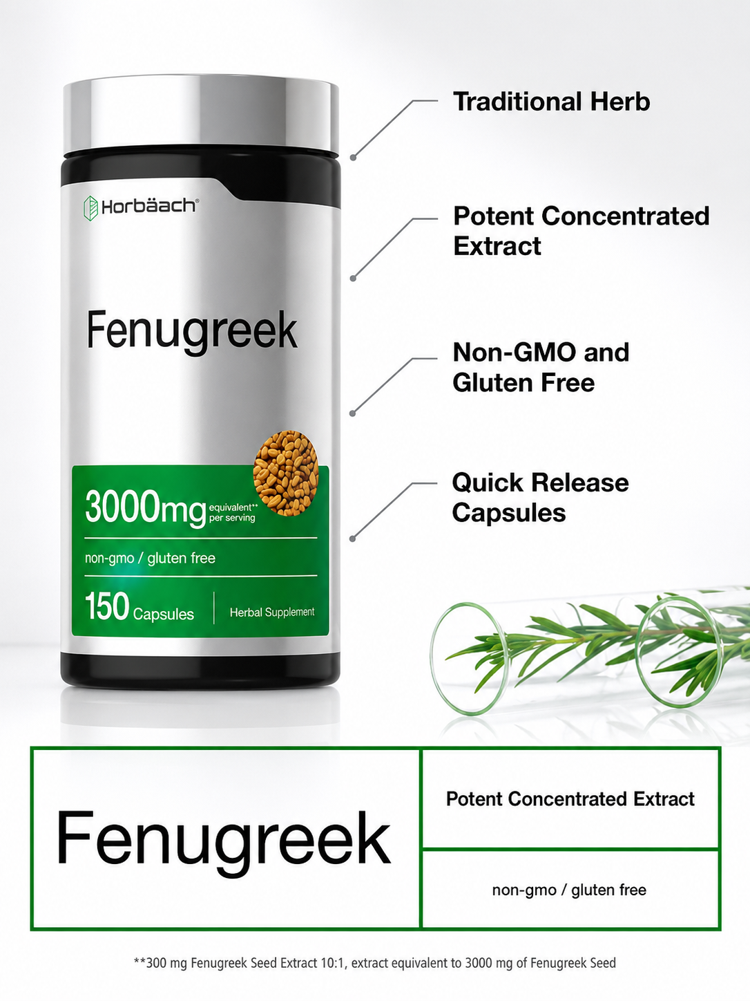 Fenogreco Horbäach 3000mg | 150 Cápsulas | Aumento de Glúteos y Busto