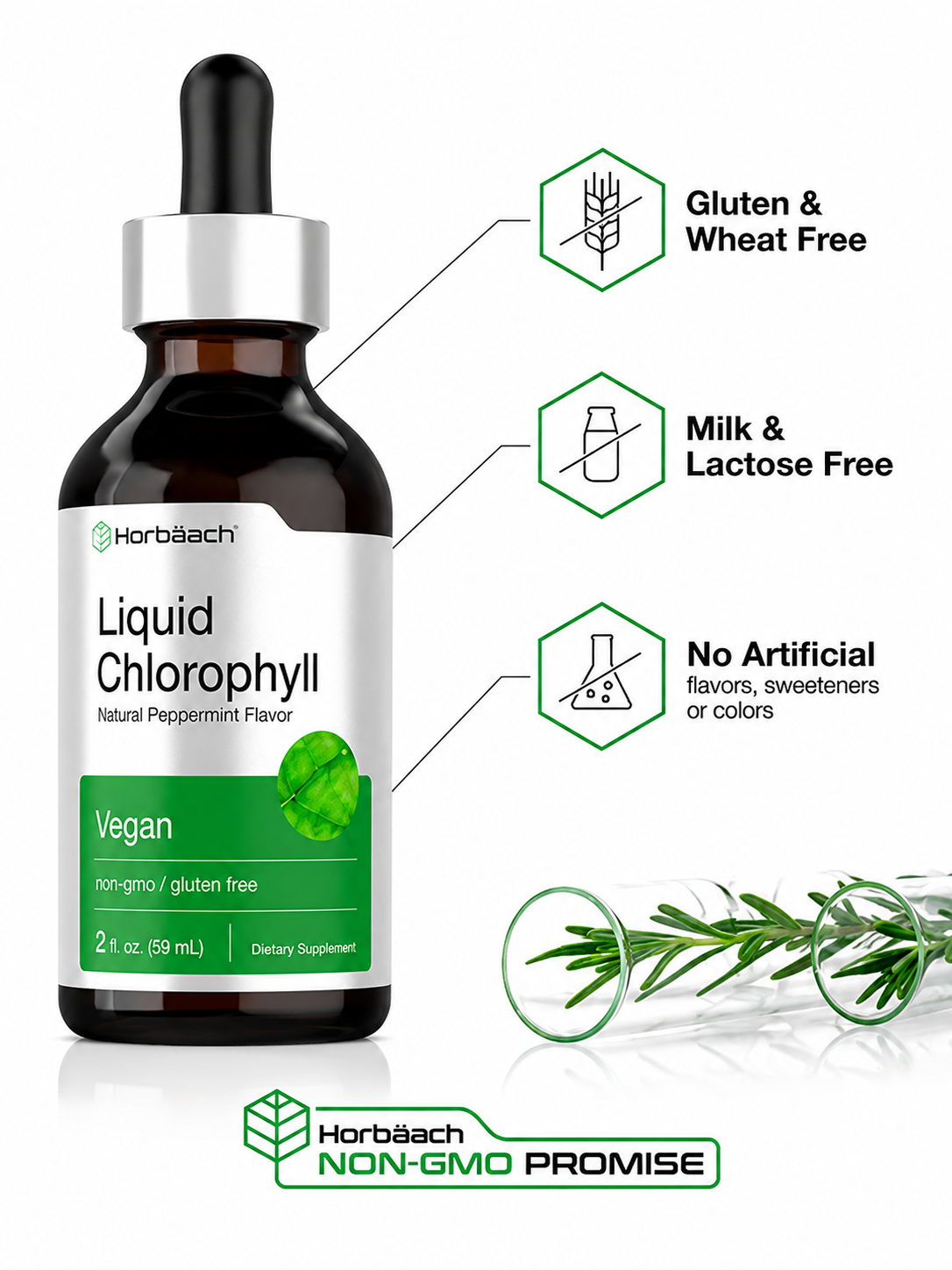 Clorofila Líquida Horbäach 59ml Sabor Menta Vegana — Suplemento Desintoxicante Natural