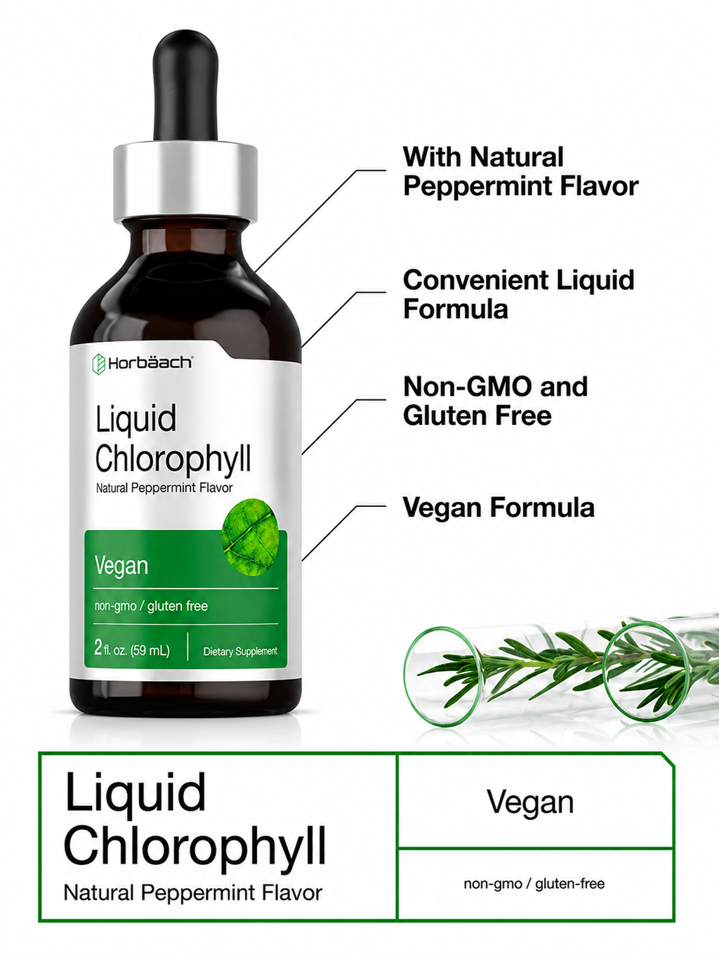 Clorofila Líquida Horbäach 59ml Sabor Menta Vegana — Suplemento Desintoxicante Natural