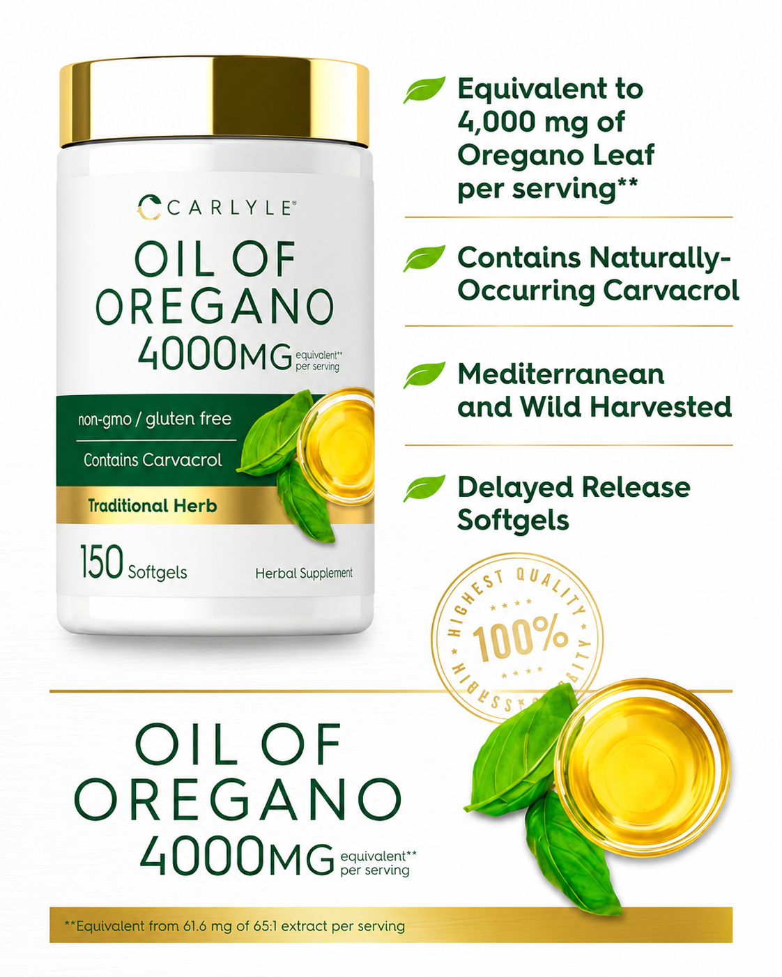 Aceite de Orégano Carlyle 4000mg | 150 Softgels | Antifúngico y Antibacterial Natural