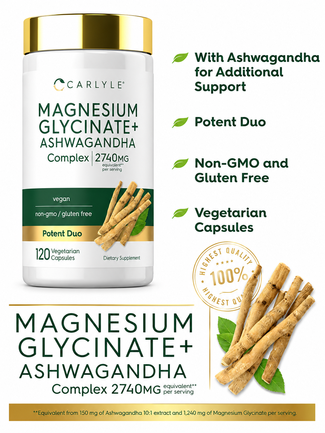 Magnesio Glicinato + Ashwagandha Carlyle 120 Cápsulas