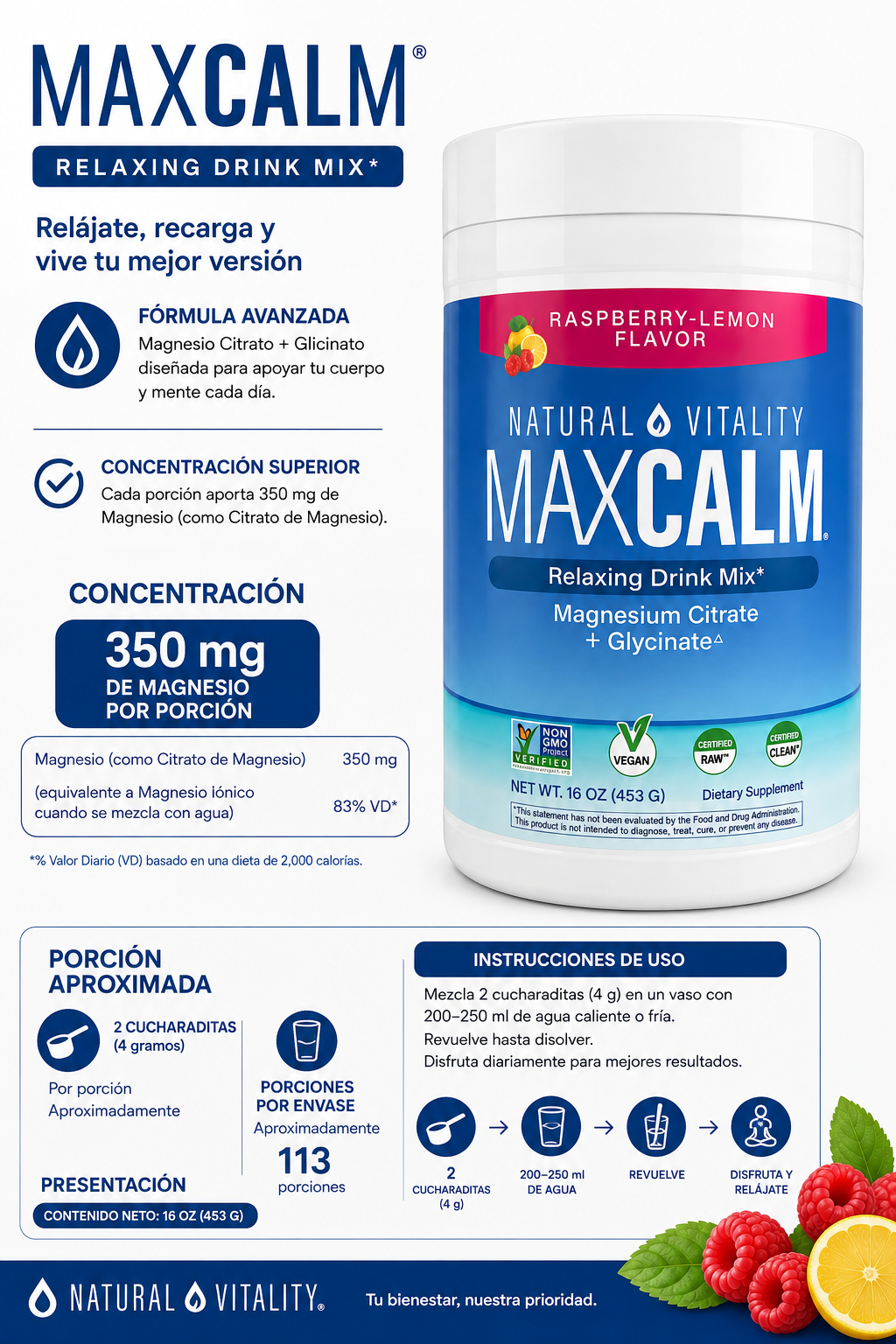 Maxcalm Magnesio Citrato + Glicinato 350mg | 453g | Natural Vitality