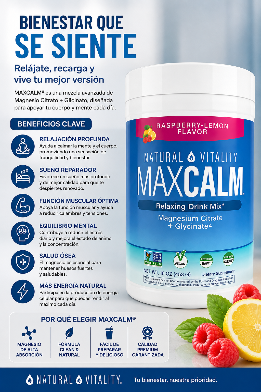 Maxcalm Magnesio Citrato + Glicinato 350mg | 453g | Natural Vitality