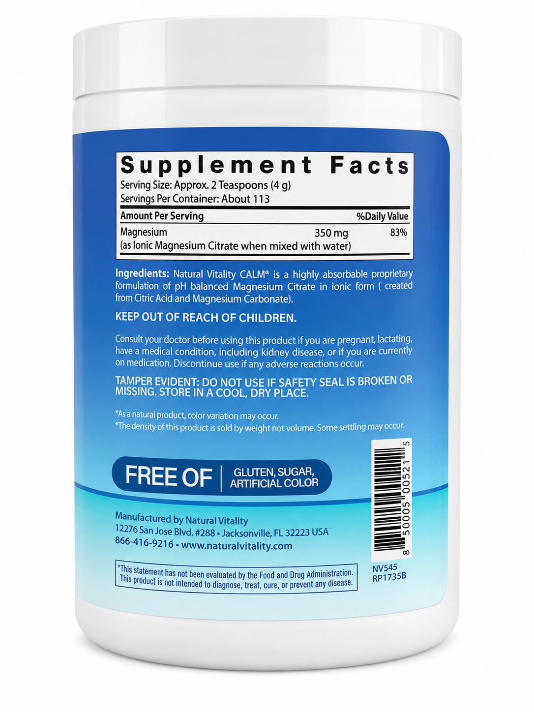 Maxcalm Magnesio Citrato + Glicinato 350mg | 453g | Natural Vitality