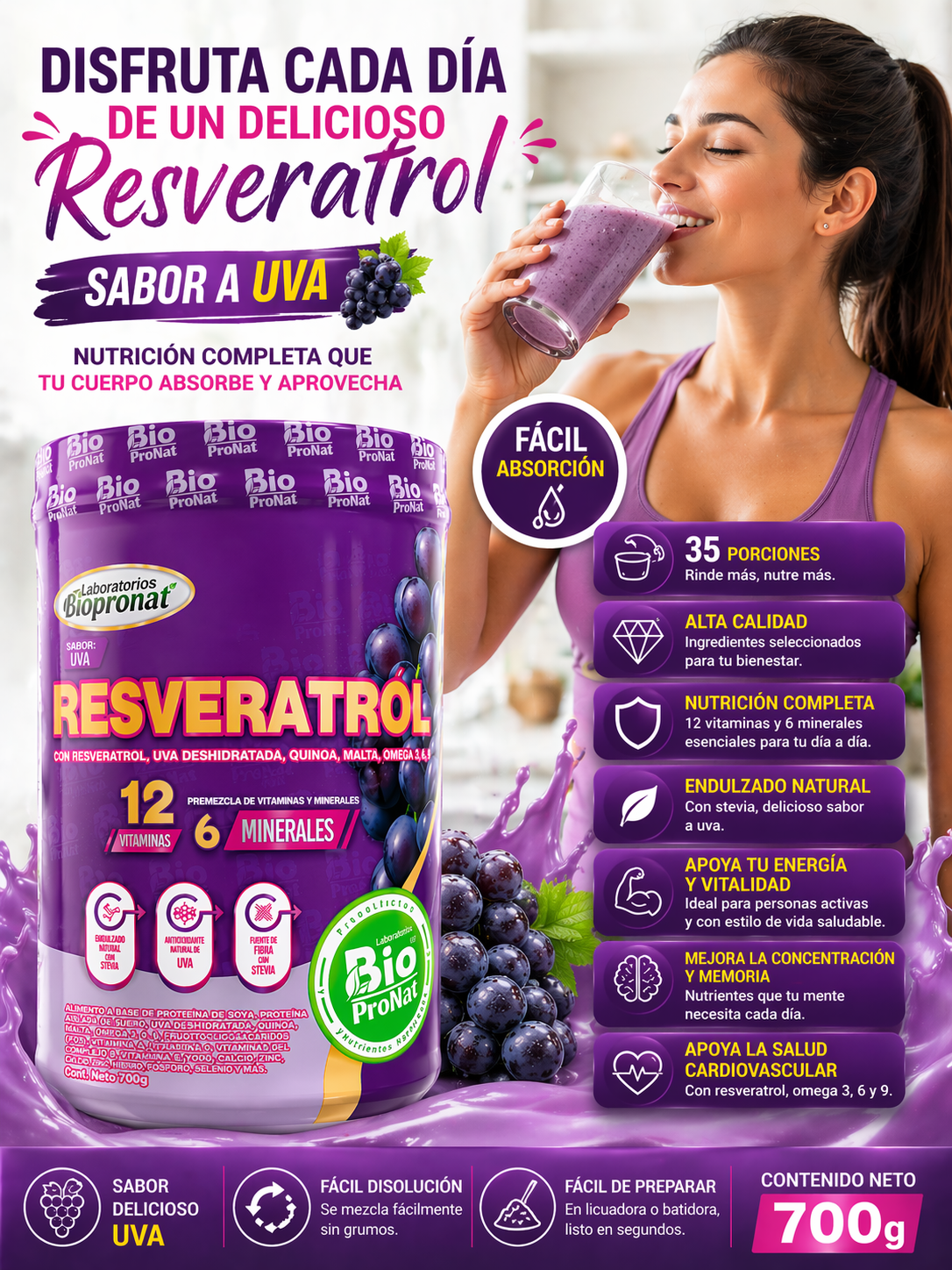 RESVERATROL CON COLÁGENO HIDROLIZADO 700 G | 12 VITAMINAS Y 6 MINERALES