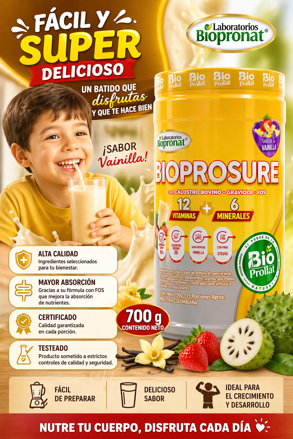 BIOPROSURE KIDS MULTIVITAMÍNICO PARA NIÑOS 700 G | 12 VITAMINAS Y 6 MINERALES