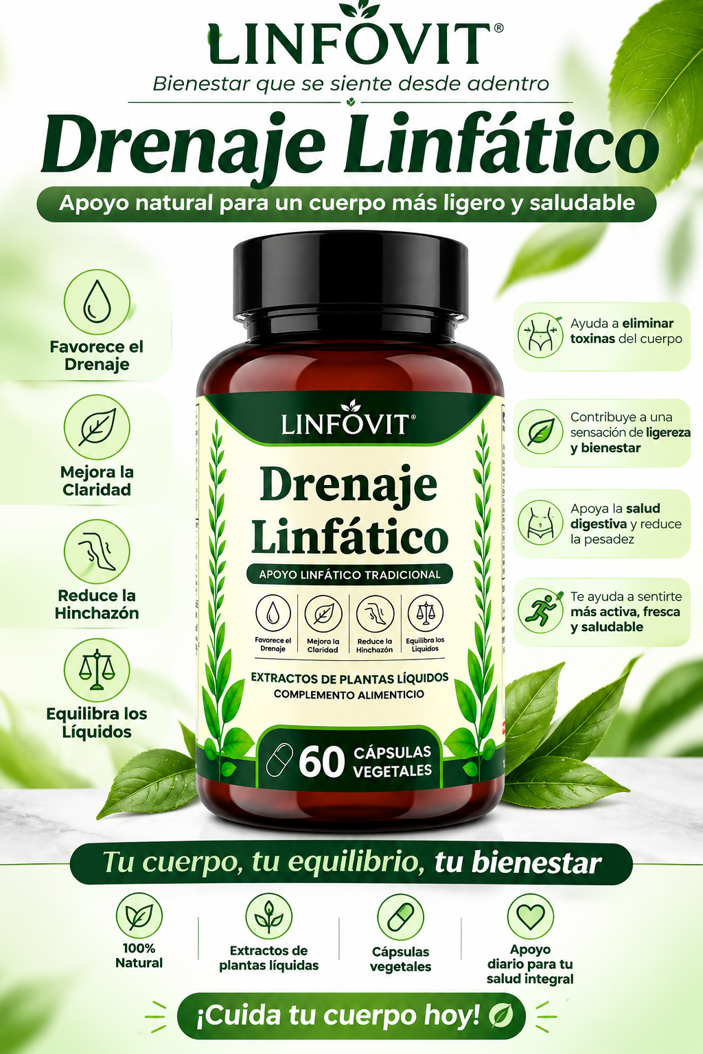 Drenaje Linfático Linfovit | Cápsulas Detox para Eliminar Líquidos y Toxinas