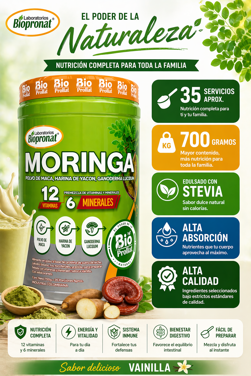 BIO MORINGA MULTIVITAMÍNICO NATURAL 700 G | MORINGA, CÚrcuma, Ganóderma y Yacón