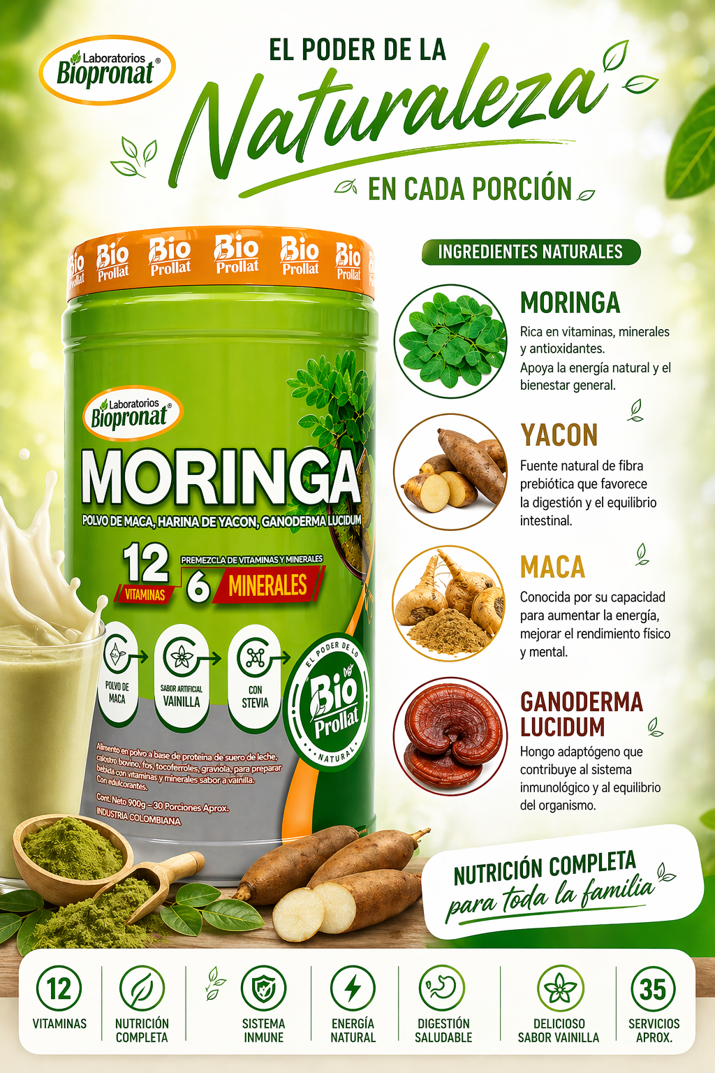 BIO MORINGA MULTIVITAMÍNICO NATURAL 700 G | MORINGA, CÚrcuma, Ganóderma y Yacón