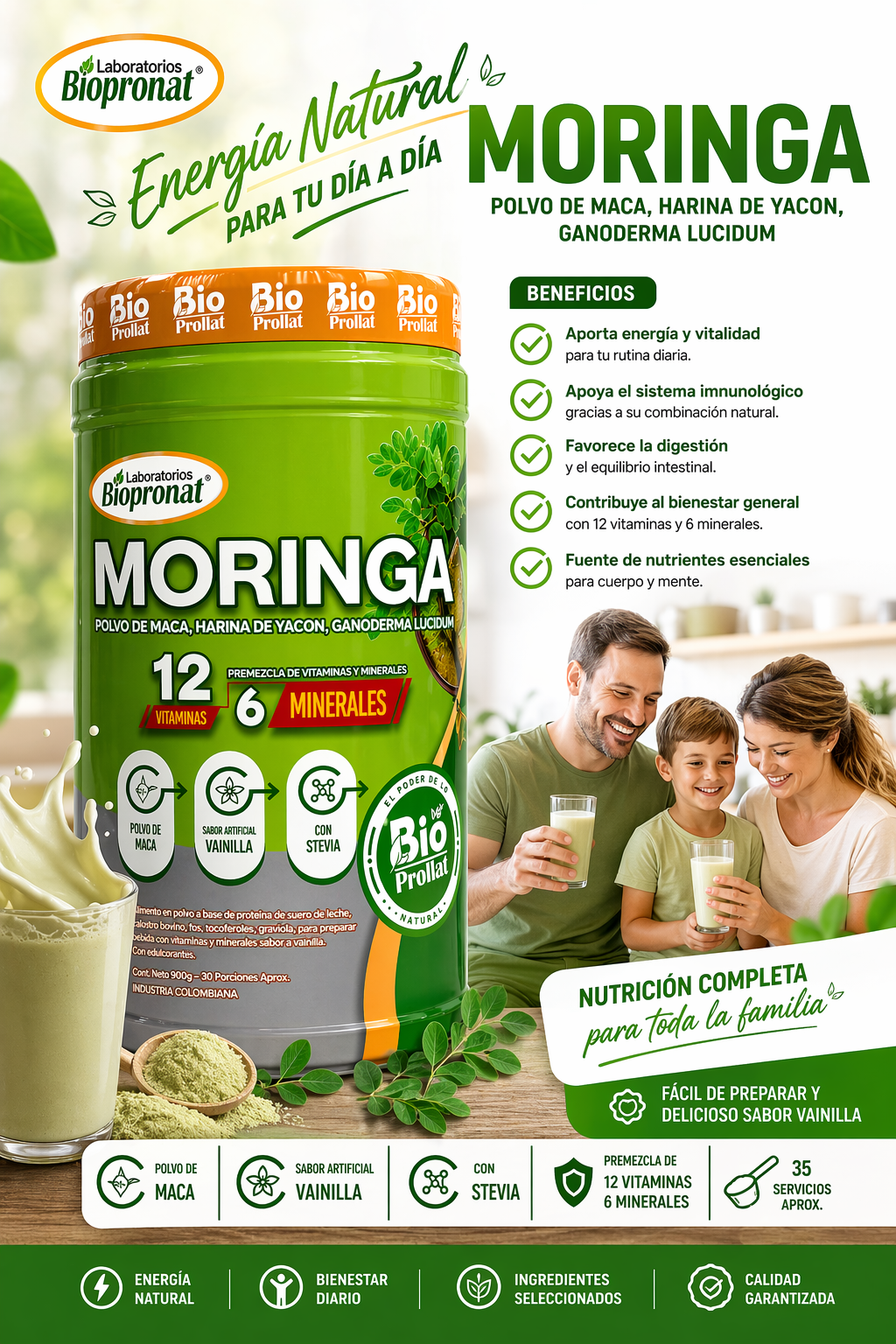 BIO MORINGA MULTIVITAMÍNICO NATURAL 700 G | MORINGA, CÚrcuma, Ganóderma y Yacón