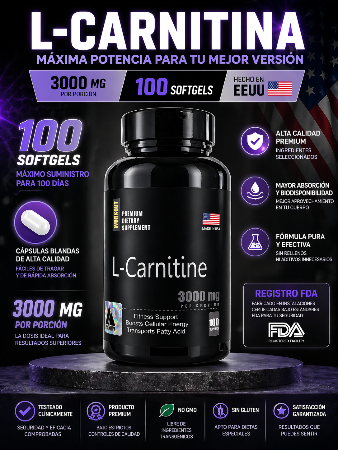 L-CARNITINA 3000 MG X 100 SOFTGELS | QUEMADOR DE GRASA Y RENDIMIENTO DEPORTIVO