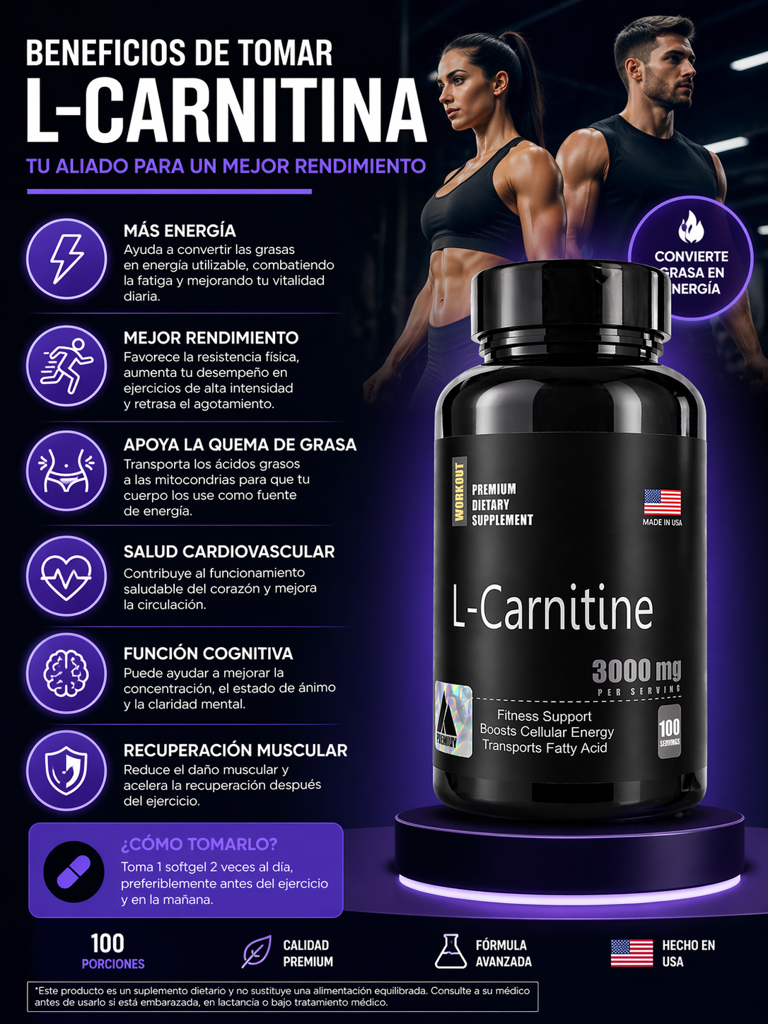 L-CARNITINA 3000 MG X 100 SOFTGELS | QUEMADOR DE GRASA Y RENDIMIENTO DEPORTIVO
