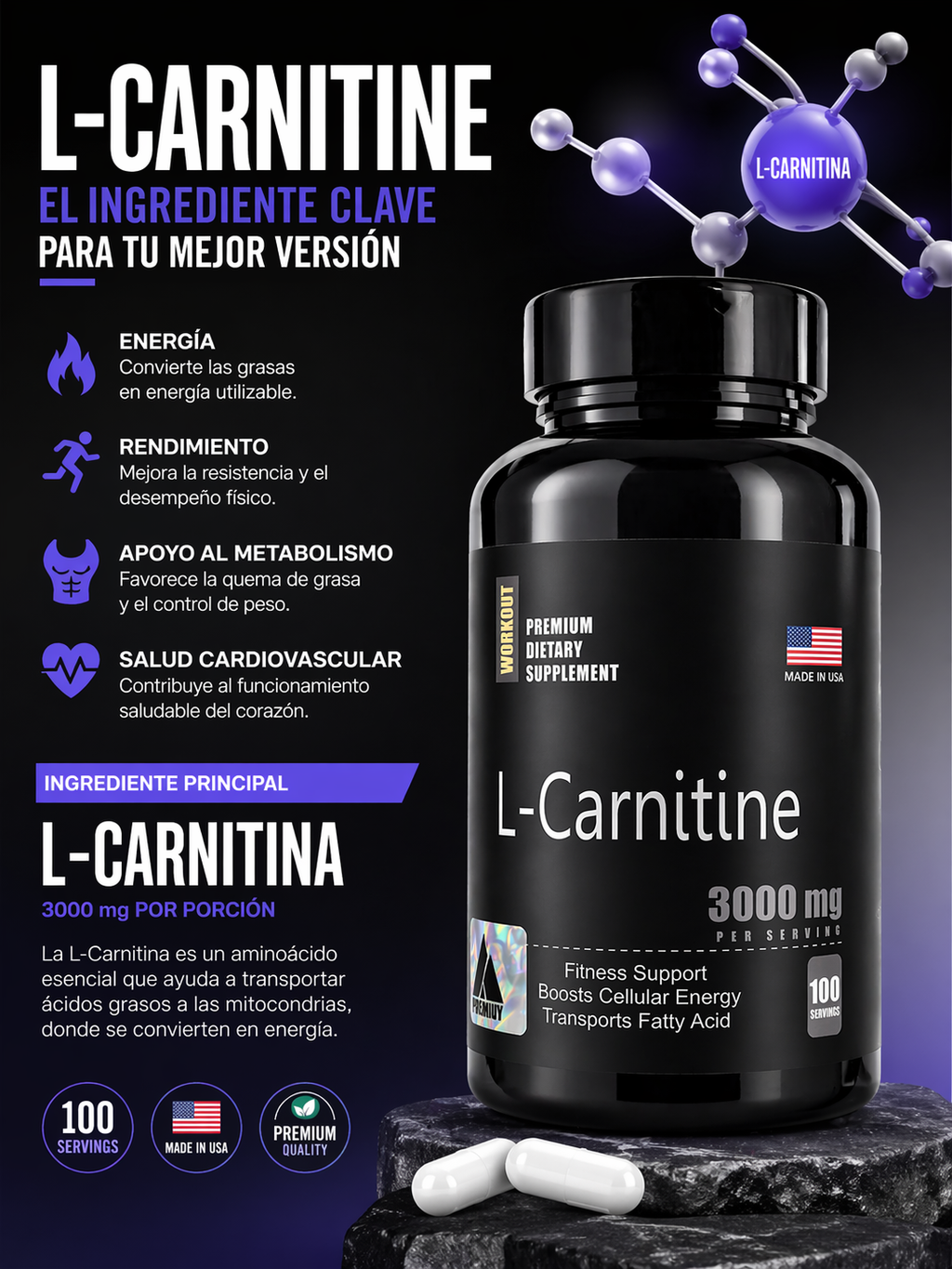 L-CARNITINA 3000 MG X 100 SOFTGELS | QUEMADOR DE GRASA Y RENDIMIENTO DEPORTIVO