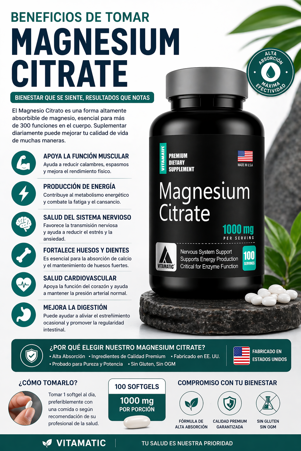 CITRATO DE MAGNESIO 1000 MG X 100 SOFTGELS | ALTA ABSORCIÓN, ENERGÍA Y RELAX