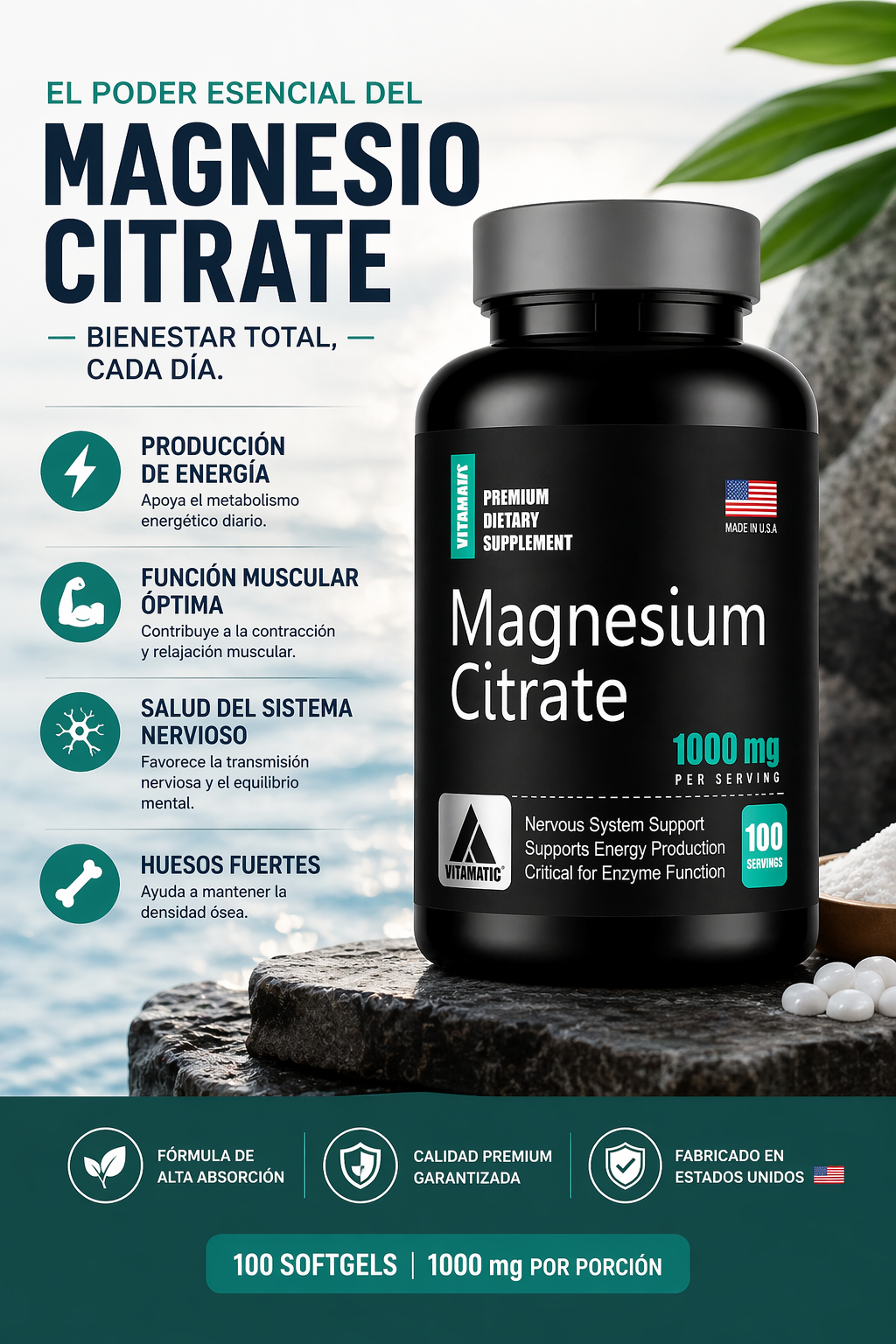 CITRATO DE MAGNESIO 1000 MG X 100 SOFTGELS | ALTA ABSORCIÓN, ENERGÍA Y RELAX