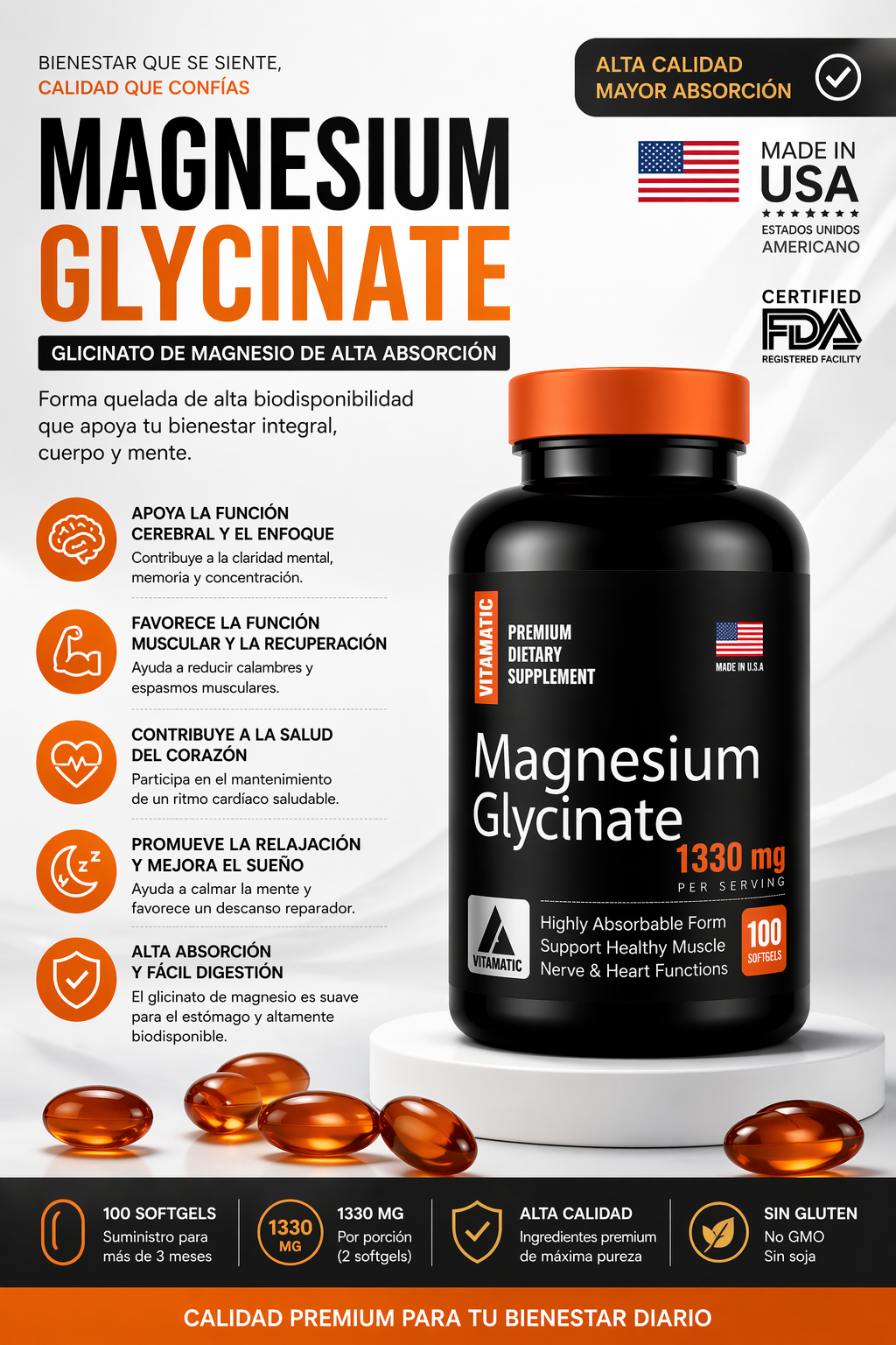MAGNESIO GLICINATO (BISGLICINATO) 1330 MG X 100 SOFTGELS | SUEÑO, RELAX Y MÚSCULOS