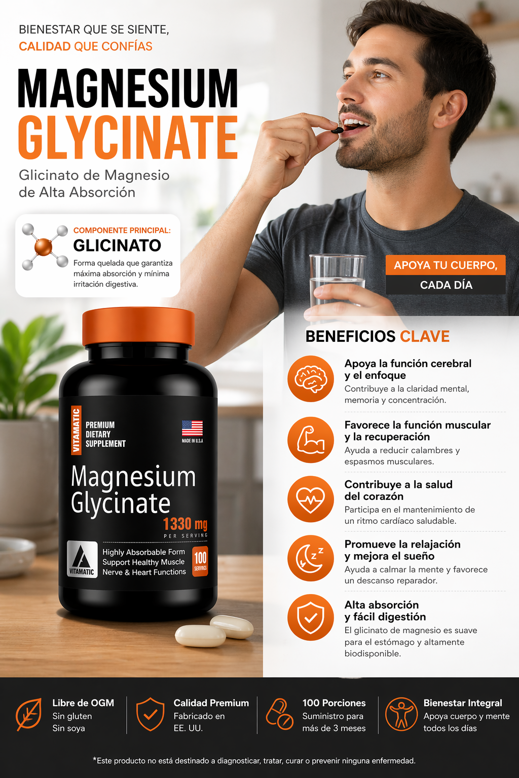 MAGNESIO GLICINATO (BISGLICINATO) 1330 MG X 100 SOFTGELS | SUEÑO, RELAX Y MÚSCULOS