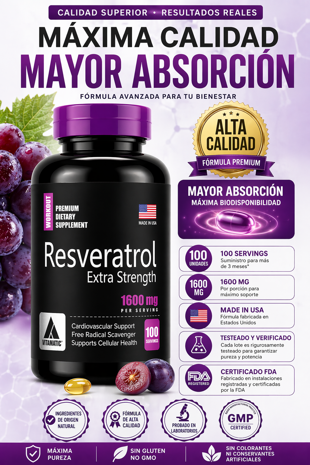 Resveratrol Extra Strength 1600 mg x 100 Softgels | Antioxidante Natural