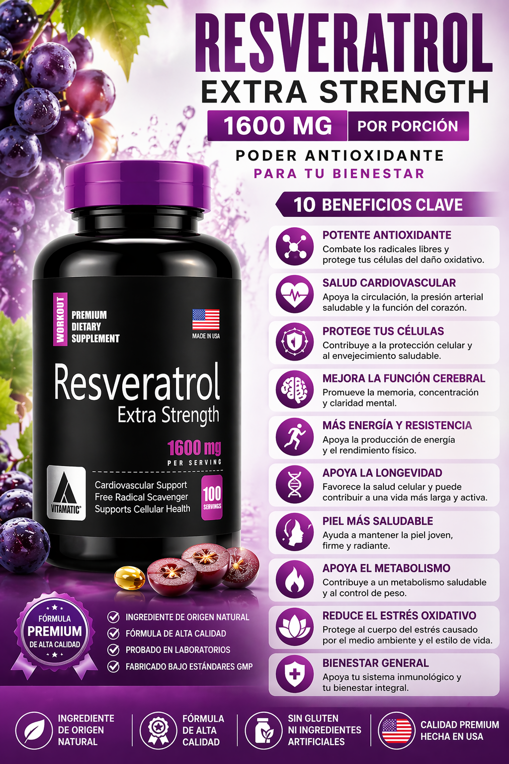Resveratrol Extra Strength 1600 mg x 100 Softgels | Antioxidante Natural