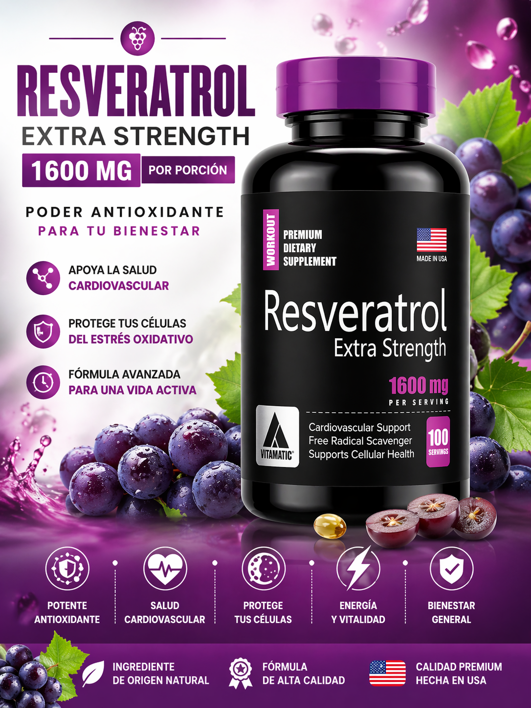 Resveratrol Extra Strength 1600 mg x 100 Softgels | Antioxidante Natural