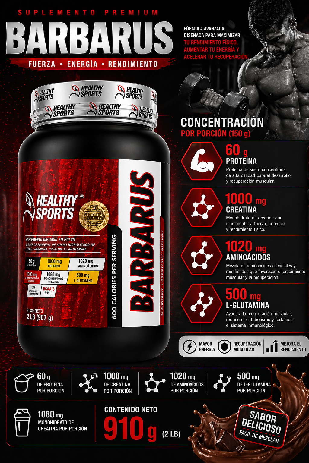 Proteína Barbarus 900g – 60g de Proteína por Porción | Healthy Sports