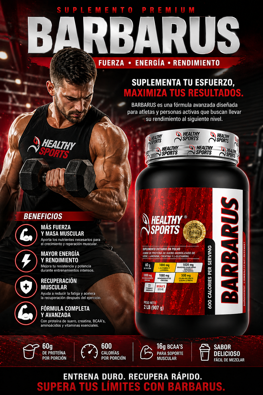Proteína Barbarus 900g – 60g de Proteína por Porción | Healthy Sports