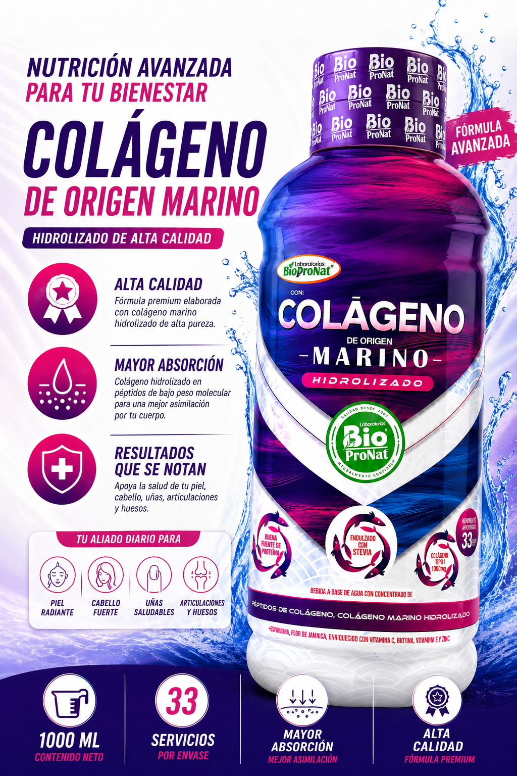 Colágeno Marino Líquido 1000 ml – 33 Servicios | Biopronat