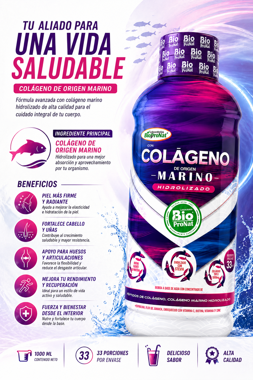 Colágeno Marino Líquido 1000 ml – 33 Servicios | Biopronat