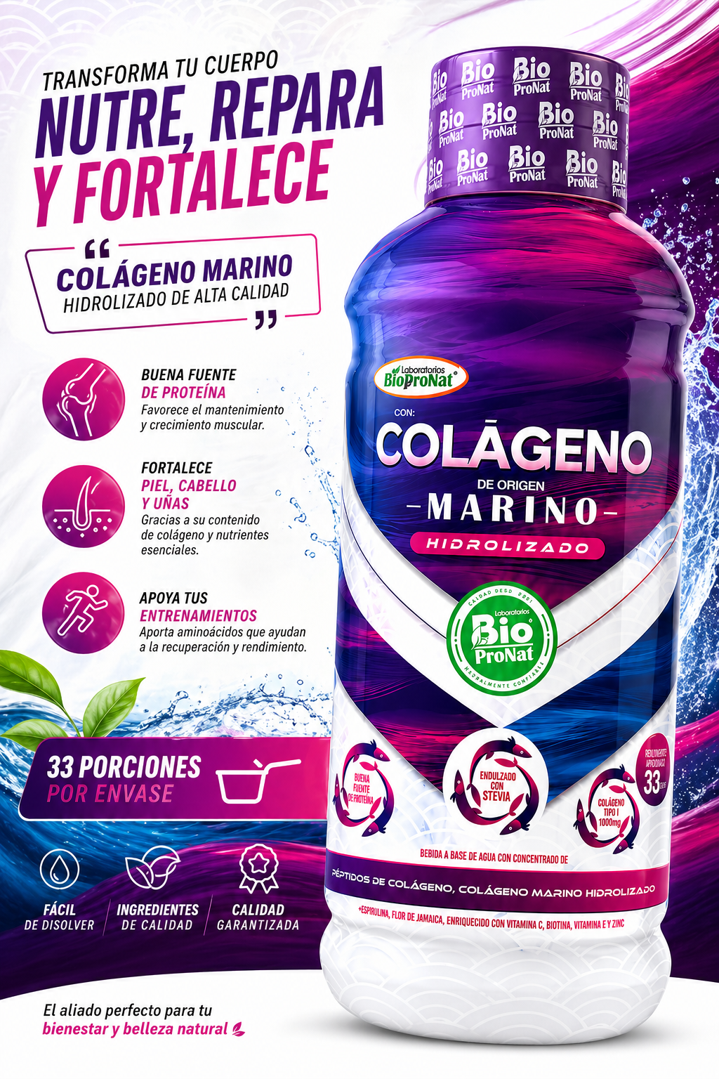 Colágeno Marino Líquido 1000 ml – 33 Servicios | Biopronat