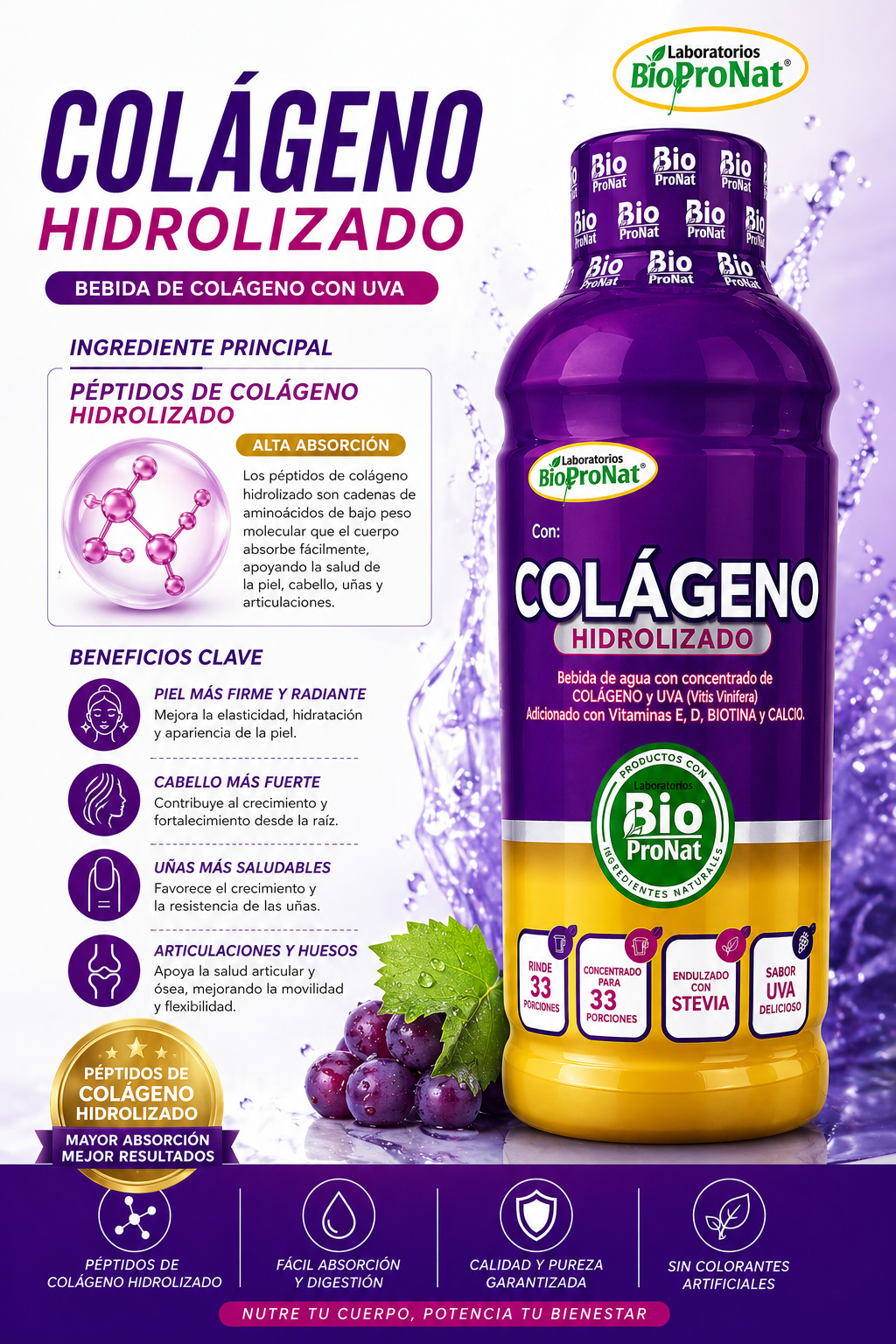 Colágeno Hidrolizado Péptidos Líquido 1000 ml | Biopronat