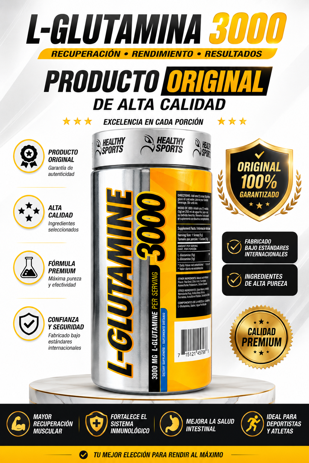 L-Glutamina 3000 mg | 120 Cápsulas | Recuperación Muscular – Healthy Sports